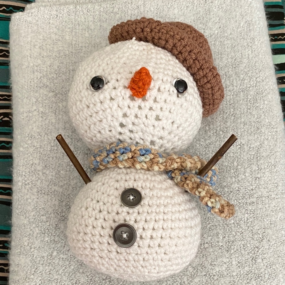Handmade Crocheted Snowman with Brown Hat